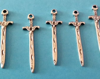 5 Antiqued Silver Long Sword Charms | 2087