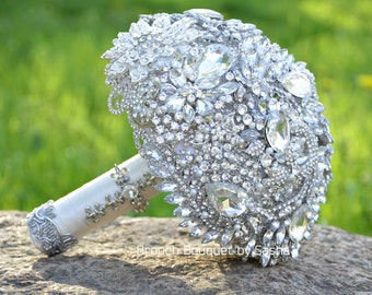 White silver wedding brooch bouquet, Crystal bouquet, Jewelry bouquet, Wedding bouquet, Bridal bouquet, Rhinestone bouquet, Broach Bouquet.
