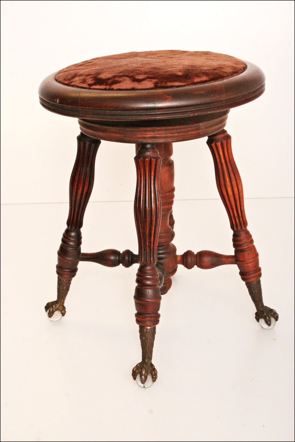 Antique PIANO STOOL ball claw foot swivel wooden shabby glass