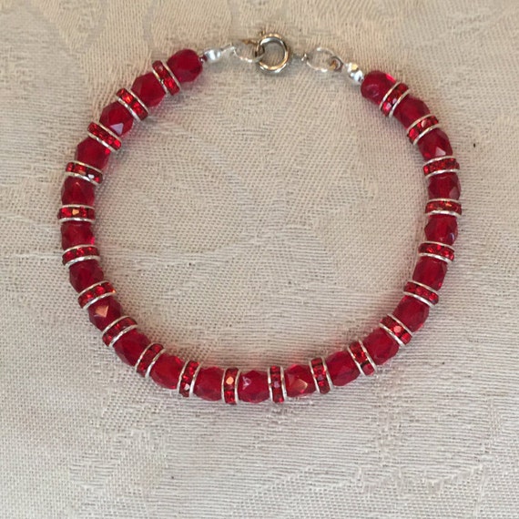 Red Crystal And Rhinestone Beaded Silver Tone Bracelet