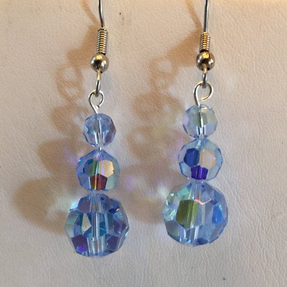 Vintage Blue Aurora Borealis Crystal Beaded Pierced Earrings