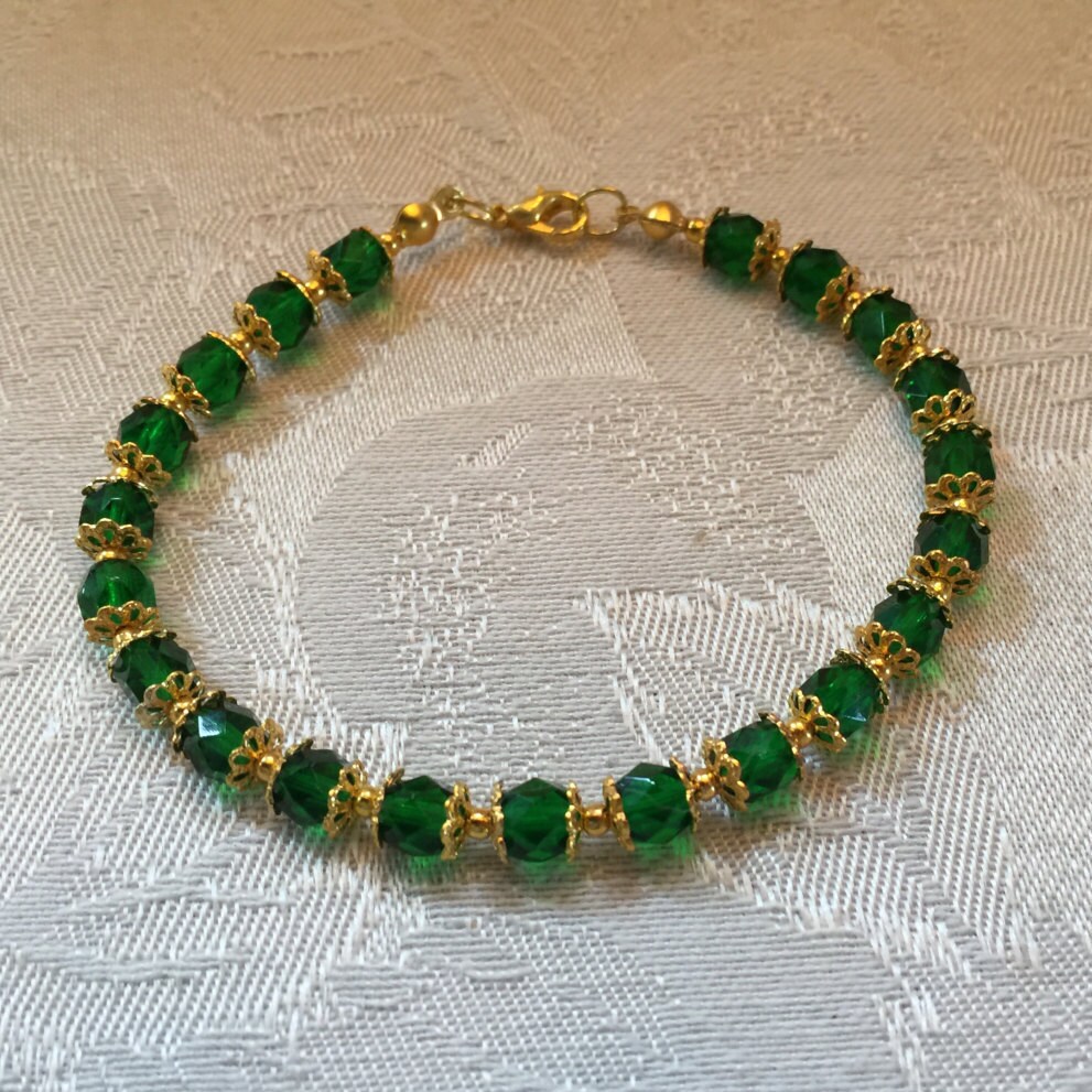 Emerald Green Crystal Gold Tone Beaded Bracelet