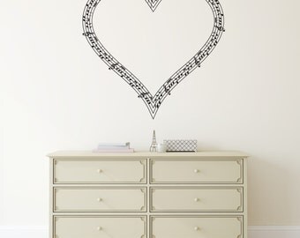 Music Heart Wall Sticker Design | Wall Decal Music, Music Love Notes | Modern Vinyl Music Wall Decor | Music Room Song Instrumental Art