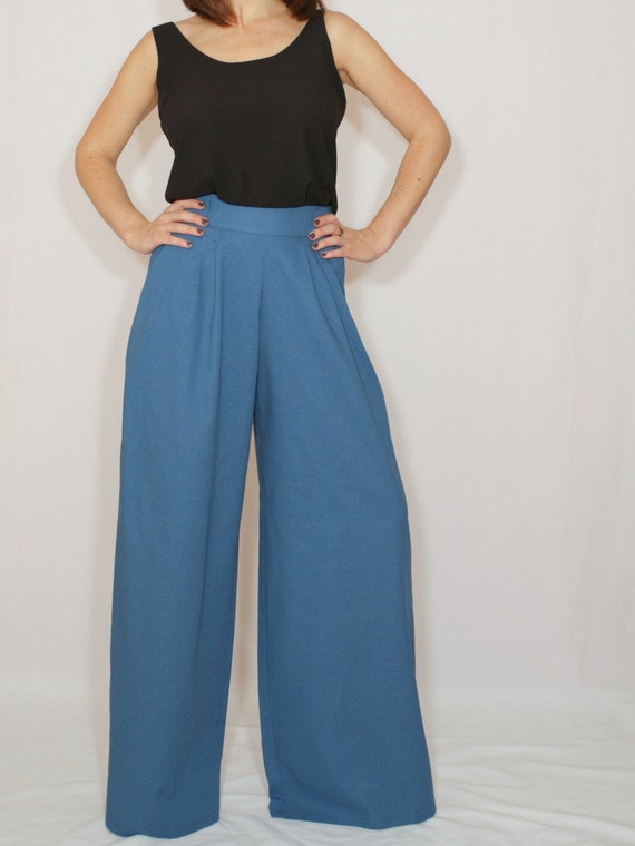 Wide leg linen pants Royal blue pants with pockets High waist