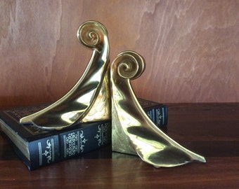 Brass Tone Scroll Bookends-Gold Metal Leaf Bookends