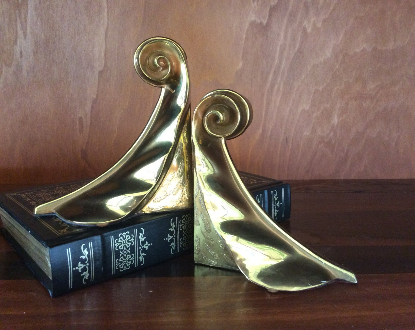 Brass Tone Scroll BookendsGold Metal Leaf Bookends