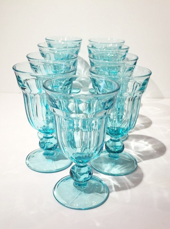Aqua Glass Goblets Set of 9 Vintage Blue Glass Goblets