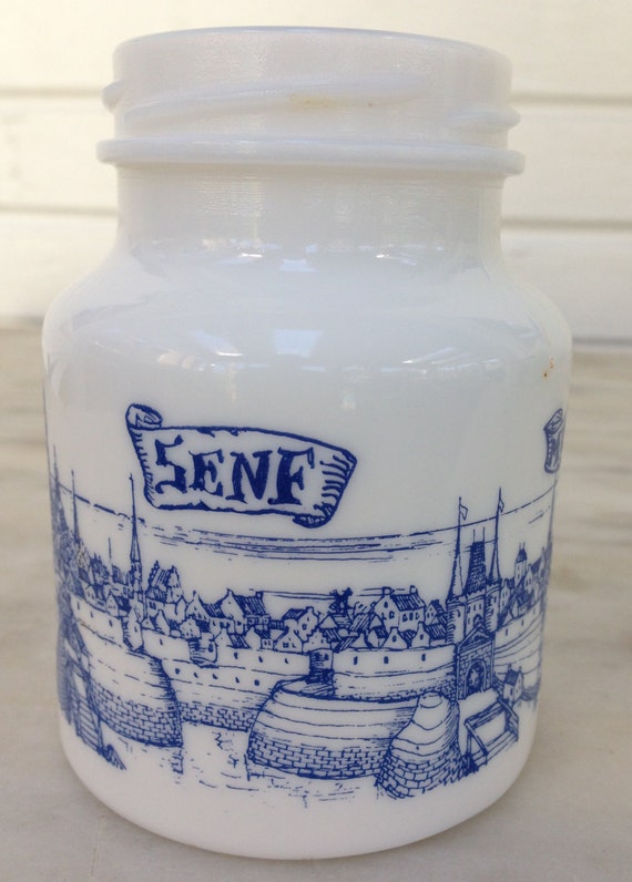 vintage SENF German mustard jar milk glass blue and white