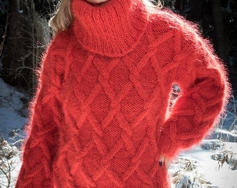 1,6 kg Red Hand Knitted Mohair Sweater Cozy Turtleneck Chunky Thick Pullover by TanglesCreations