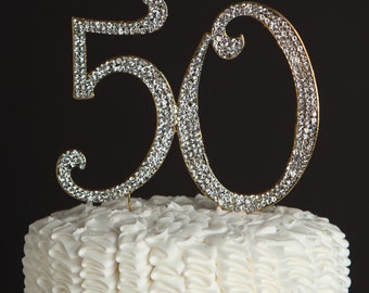 50 Cake Topper for 50th Birthday or Golden Anniversary - Gold Rhinestone Metal Number - Party Supplies and Decoration Ideas