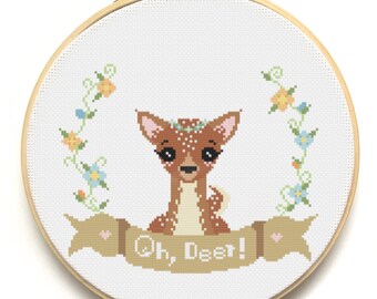 PATTERN Modern Cross Stitch Pattern - Oh, Deer! - Instant Download - Woodland Creature - Doe Buck Fawn - Counted Cross Stitch Chart -