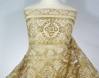 French Solstiss Empire Couture lace-Metallic gold-Ivory Cream-Dentelle de Callais-Glass Pearls-Frosted glass beads-Hand embroidered-No 58