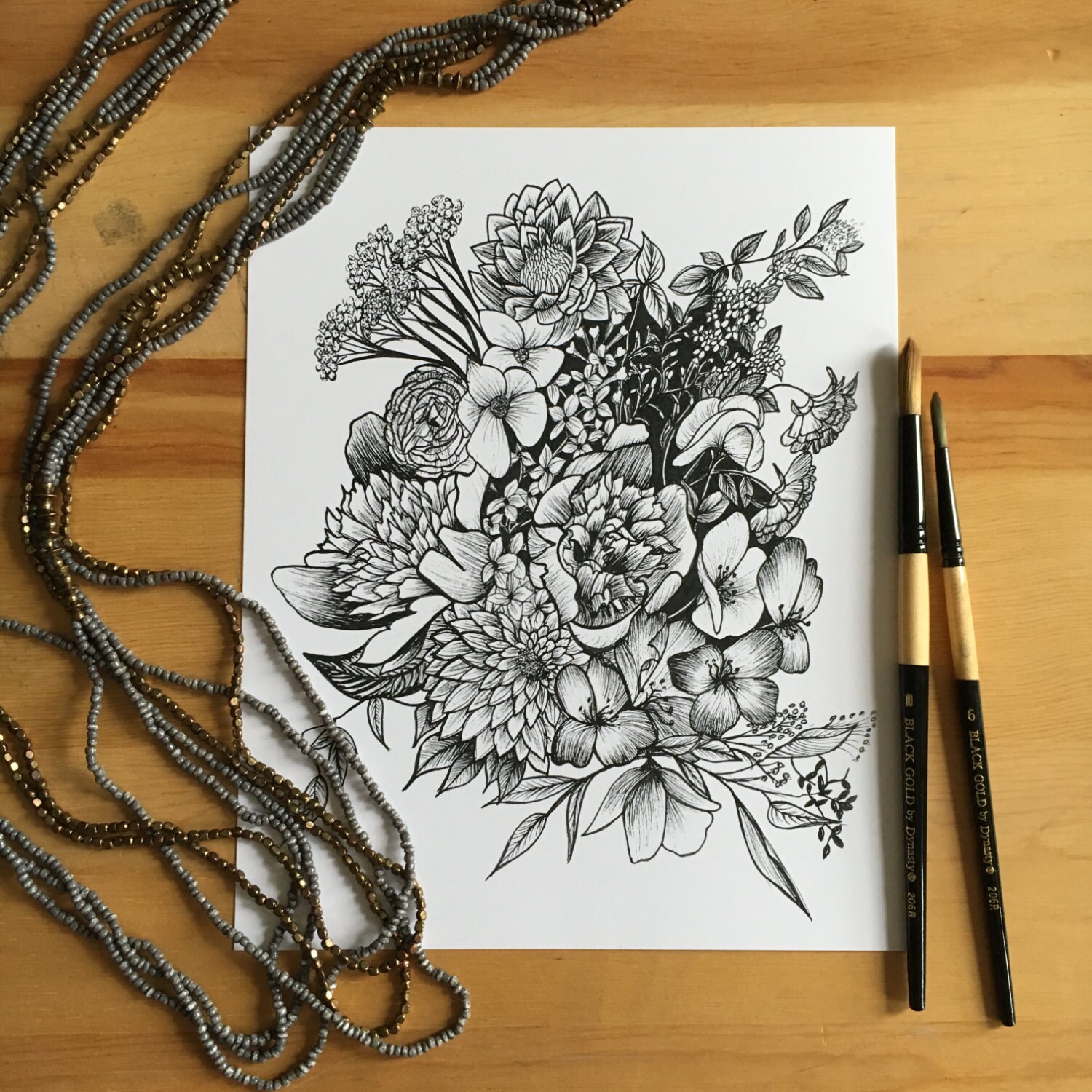 Flower Ink Drawing Detailed Flowers Art Print 8 8x10