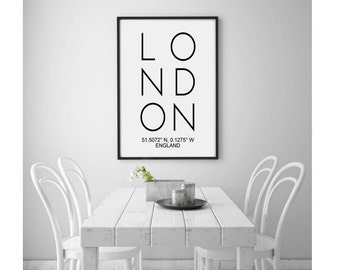 London Printable Art, London England Coordinates, Scandinavian Print, Affiche Scandinave, London Sign Poster, Office Wall Art Decor