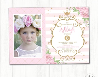 PRINCESS Birthday Invitation. Pink and Gold Party Invite. Royal Celebration. Gold Crown. Floral Birthday Photo Invite. Princess Theme. PG1