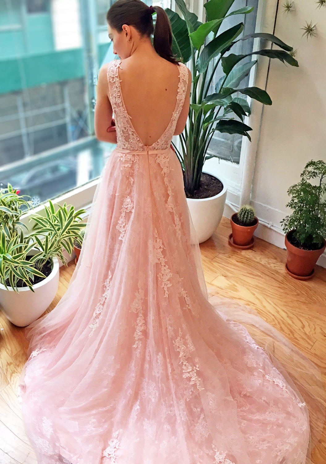 Pink Blush Lace V Back Wedding Dress 3825