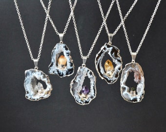 Raw Druzy necklace for her Raw Crystal necklace geode agate necklace druzy agate slice necklace Gift For Women Bohemian Gemstone necklace