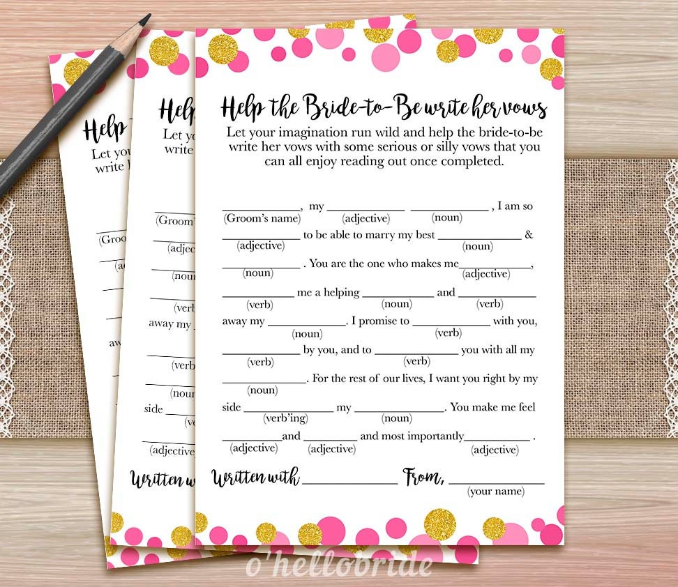 Help the Bride-to-Be Write Her Vows Printable Pink Gold