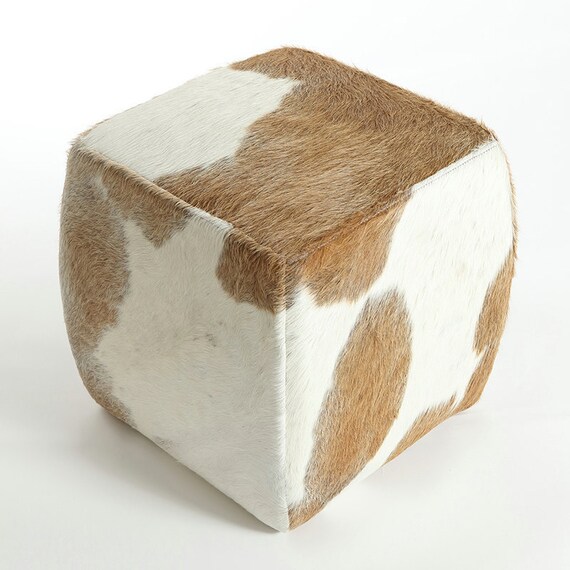 Square Pouf Traditional Beige & White Cowhide Pouf