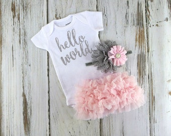 Newborn Baby Girl Take Home Outfit,Baby Girl Coming Home Outfit,Newborn Baby Girl Onesie,Light Pink Bloomers and Pink and Grey Headband Set,