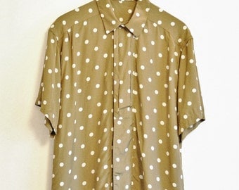 Vintage shirt olive green polka dot oversized 1980s Size 12 Medium