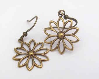 Flower Earrings, Bohemial Earrings, Petite Dangle Earrings, Antiqued Golden Dangle Drop, Gift for Her, Summer Outdoors, Summer Party