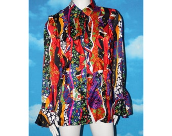 Yarell Psychedlic Bright Floral Ruffled Blouse Vintage 1980s