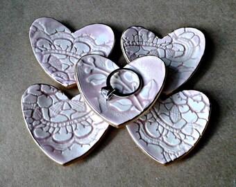 FIVE Pale Pink Ceramic Heart ring bowls Baby shower itty bittys edged in gold 2 1/2 inches