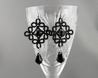 Glam evening earrings. Romantic earrings with lace and black Swarovski crystals