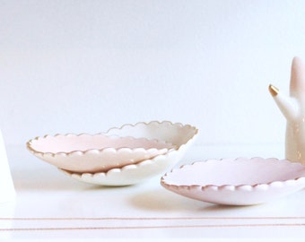 Scalloped Ring Dish. Porcelain Pastel Ring Dish. White, Rose, Grey Green and Mauve. Engagement, Bridesmaid, Hostess Gift. Gift For Her