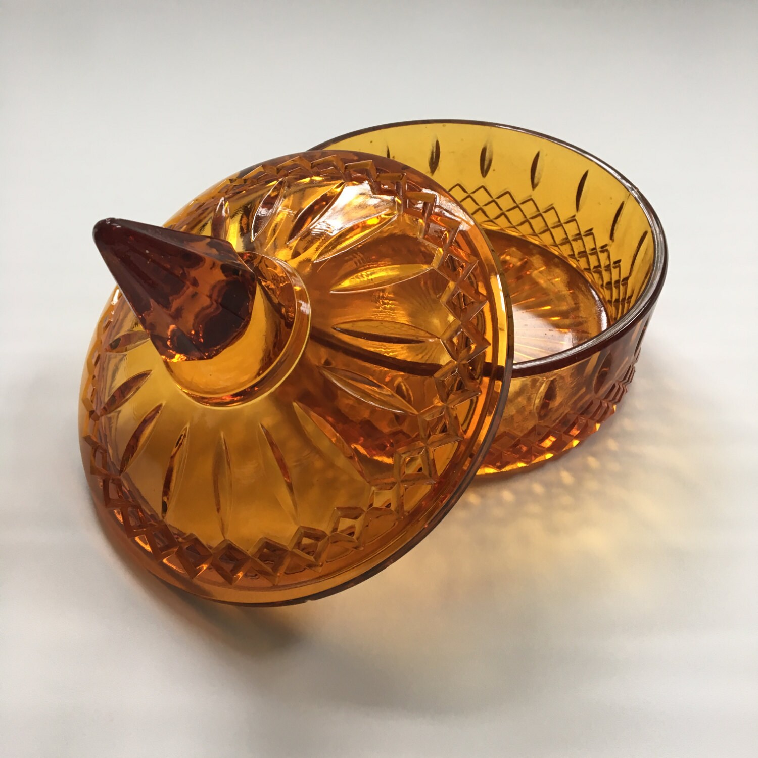 Vintage Indiana Art Glass Amber Candy Dish with Lid