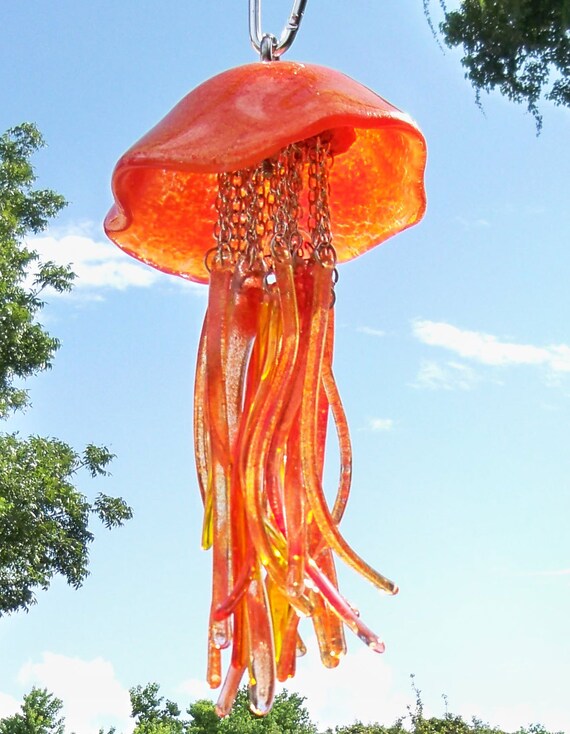Jellyfish Fused Glass Windchime Firey Orange Crackles