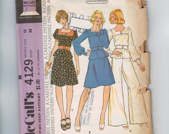 1970s Vintage Sewing Pattern McCalls 4129 Misses Top Skirt Pants Wide Leg Size 12 Bust 34 1974 70s