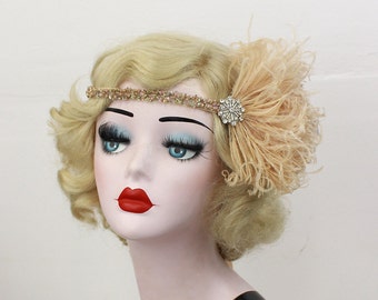 Champagne Feather Headband, 1920's Flapper Hair Accessory, Great Gatsby Headpiece, Unique Wedding Fascinator, Bridesmaids Headpiece