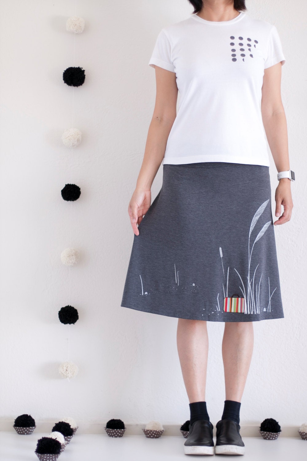 Women Pull On Skirt . Aline Knee Length Skirt . Charcoal Gray