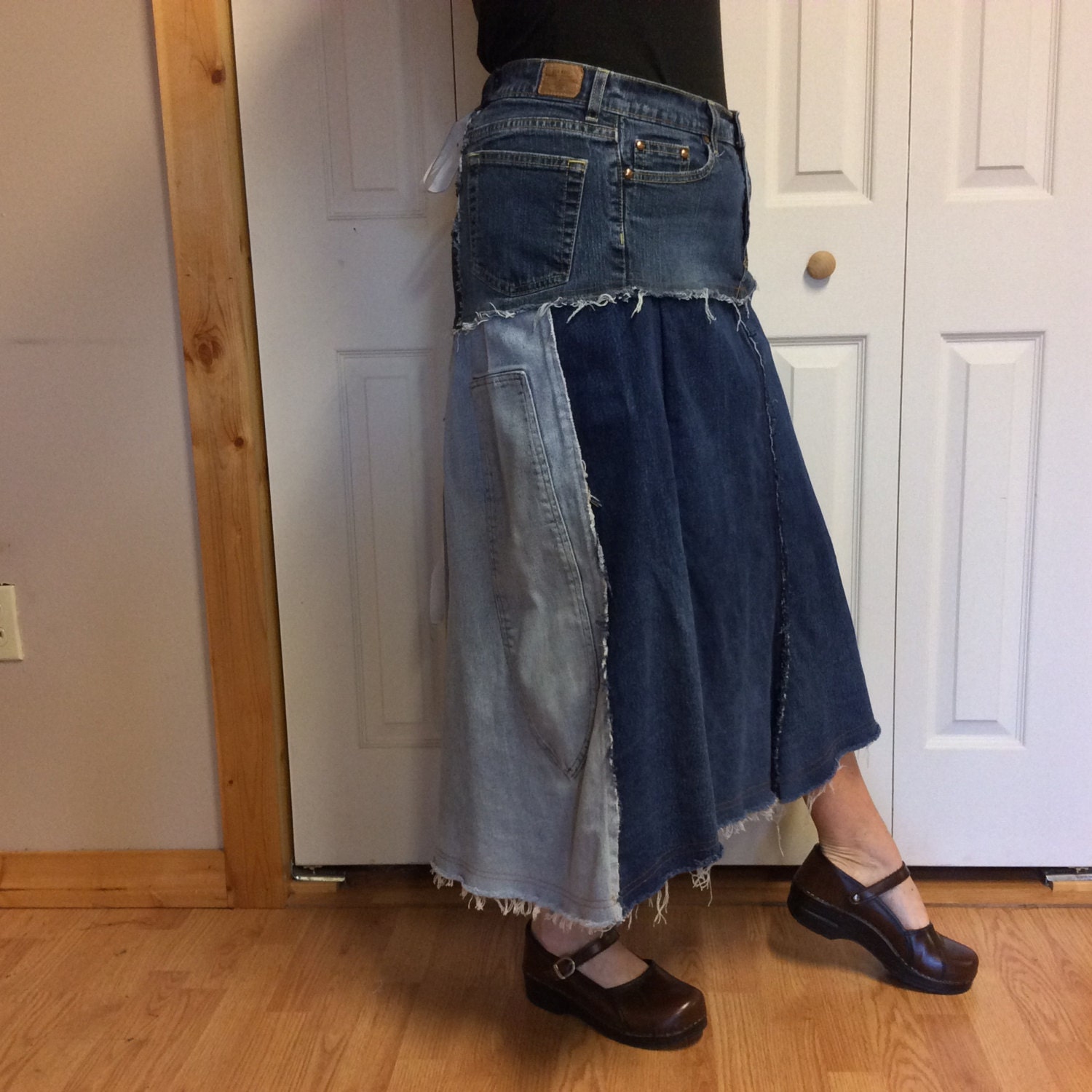 Long Blue Jean Plus Size Denim Skirt/Aline/Stretch by sewsomer