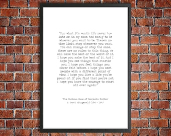 F Scott Fitzgerald Printable Quote 'For What It's Worth' Benjamin Button Instant Download Inspirational Print Hand Typed Life Poster