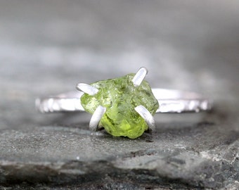 Peridot Sterling Silver Ring - Raw Uncut Rough Peridot - Green Gemstone Ring - August Birthstone Ring - Peridot Stacking Ring