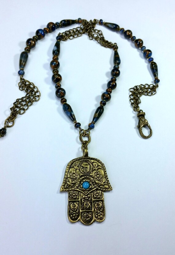 Beautiful Brass Hamsa on Brass Chain with Blue by BethMannJewelry