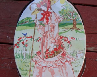 Vintage Oval Cookie Tin With Handles Bo Peep Pink Lady 1960s Valleybrook Farms 9.5 X 6 And 3/4 Inches