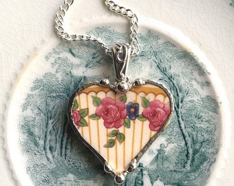 1920's pinstripe roses broken china jewelry heart pendant necklace pink roses