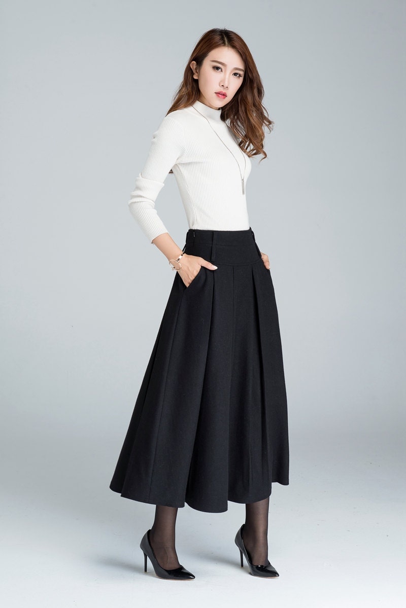 Black skirt wool skirt maxi skirt skirt with pockets