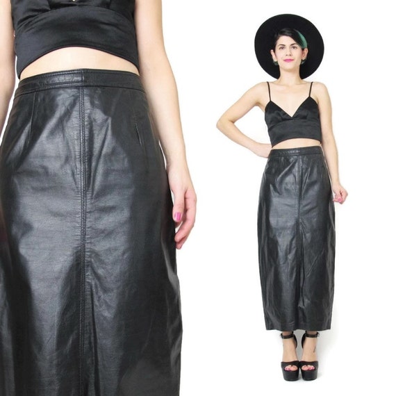 80s Black Leather Maxi Skirt Vintage Black Leather Skirt High