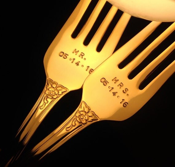 Wedding Forks Gold Forks MR MRS Forks w/Wedding Date