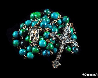 Catholic Rosary Beads Blue Green Chrysocolla Natural Stone Copper Traditional Rustic Five Decades
