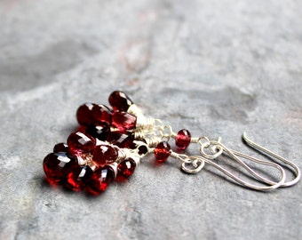 Garnet Cluster Earrings Dangle Red gemstone earrings sterling silver, red grape clusters