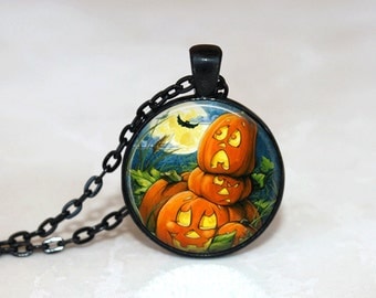 Halloween Necklace GlassTile Necklace Pumpkin Jewelry Black Necklace Glass Tile Jewelry Halloween Jewelry Holiday Jewelry Black Jewelry