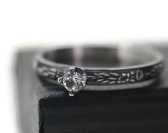 White Sapphire Engagement Ring, Oxidized Silver Dainty Gothic Floral Band, 3mm Natural Crystal Promise or Dress Jewelry