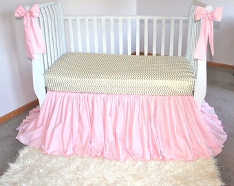 Shades Up & Co! Heirloom Crib Skirt Baby Pink SIGNATURE Hem Custom Drop With 2 FREE Crib Bows Custom Crib Bedding Baby Girl Bedding