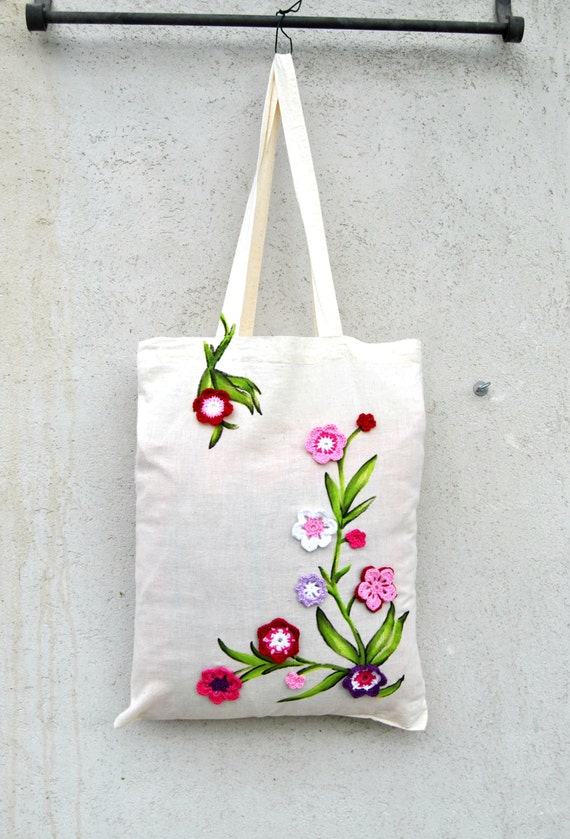 Shopper tote bag with Flowers crochet in organic cotton and